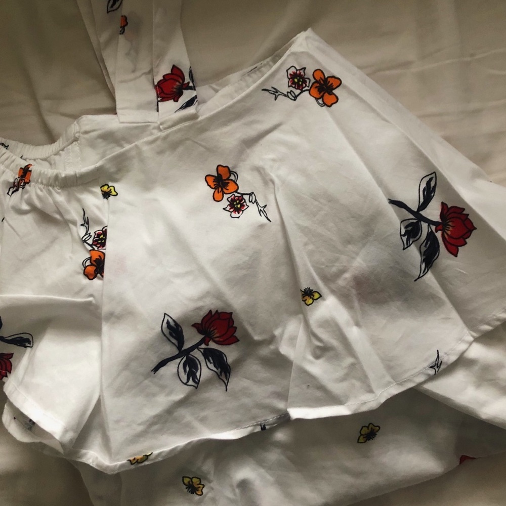 white flowery off the shoulder top